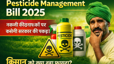 Pesticide Management Bill 2025 के तहत नकली कीटनाशकों पर सरकार की सख्ती, किसान और कीटनाशक बोतलों का दृश्य