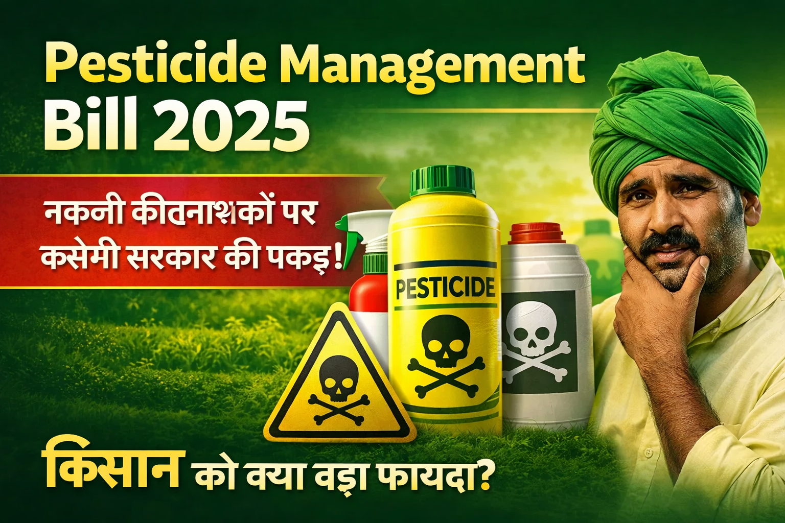 Pesticide Management Bill 2025 के तहत नकली कीटनाशकों पर सरकार की सख्ती, किसान और कीटनाशक बोतलों का दृश्य