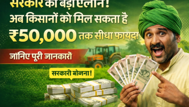 सरकार की नई योजना से किसानों को ₹50,000 तक सीधा फायदा, खेत में खुश किसान और नकद राशि का दृश्य
