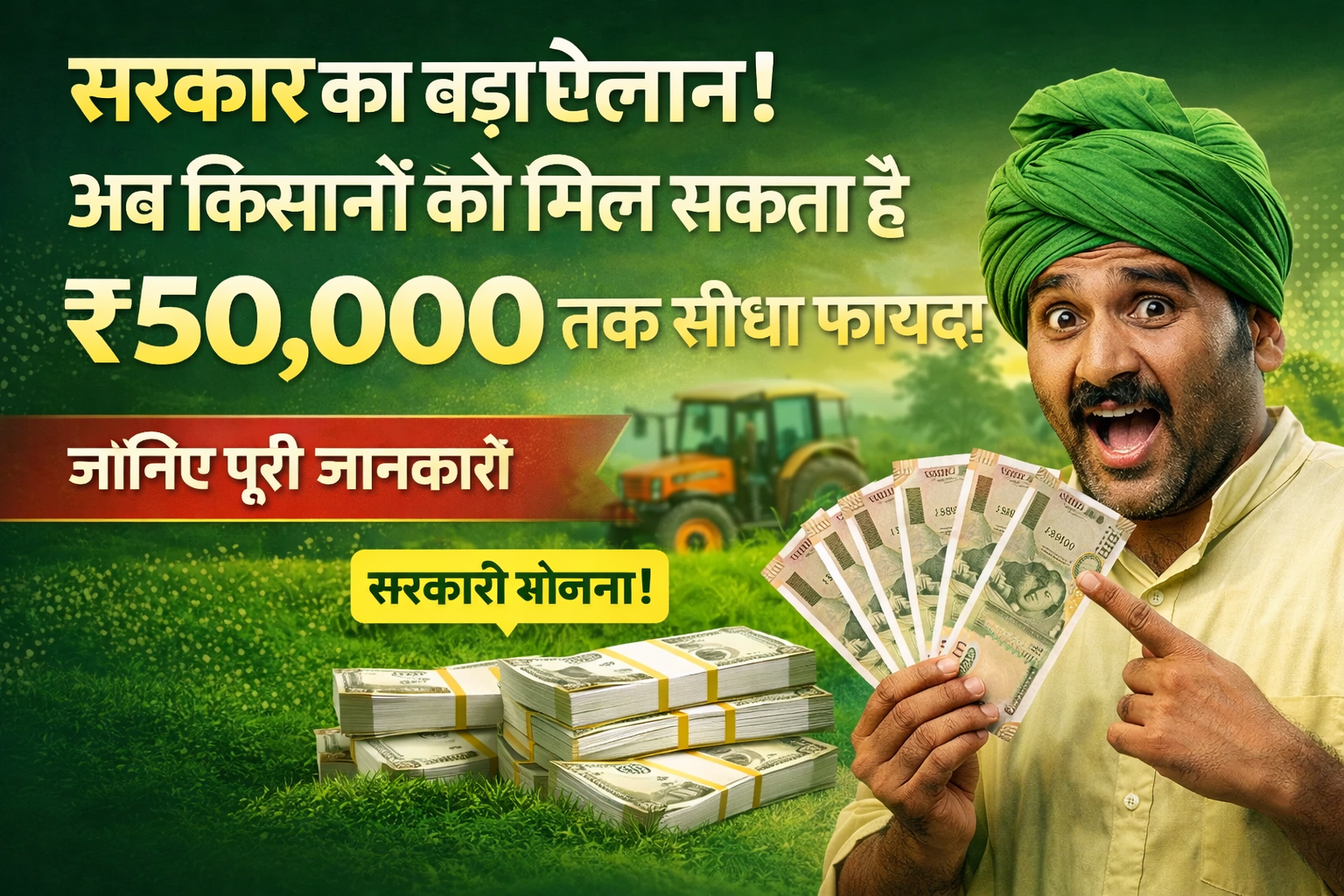 सरकार की नई योजना से किसानों को ₹50,000 तक सीधा फायदा, खेत में खुश किसान और नकद राशि का दृश्य