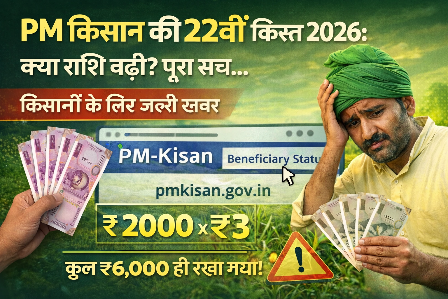 PM किसान 22वीं किस्त 2026 की जानकारी, ₹2000 की किस्त, pmkisan.gov.in beneficiary status और चिंतित किसान
